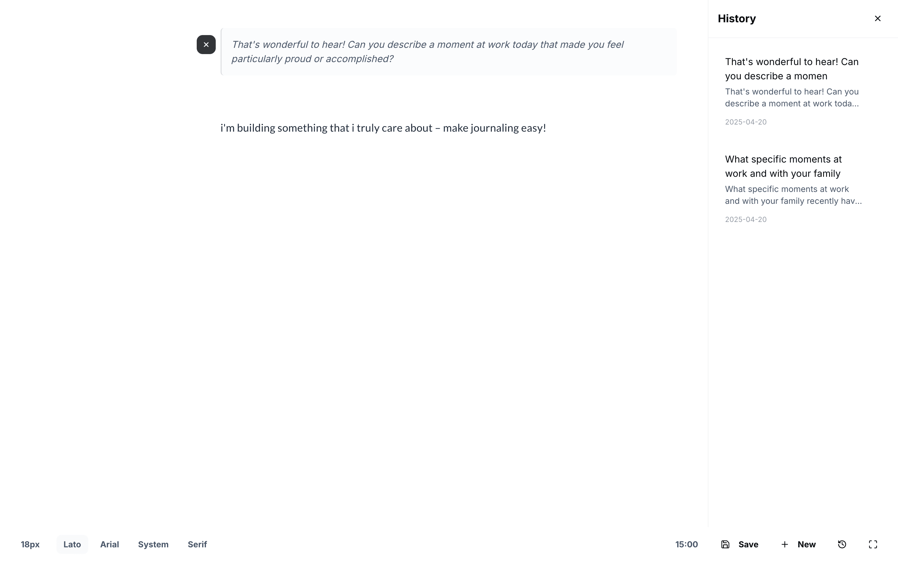 Serenote app showing a thoughtful journaling prompt asking to describe a proud moment at work